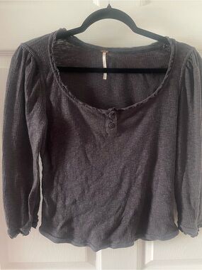 Free People Ribbed Scoop-Neck Long Sleeve Top - Charcoal Gray